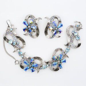 Vintage Schiaparelli Blue AB Rhinestone Floral Bracelet and Clip On Earrings Set